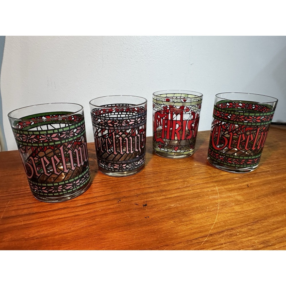 Set 4 Cera Glass Merry Christmas Double Old Fashioned Glasses Stained Glass MCM